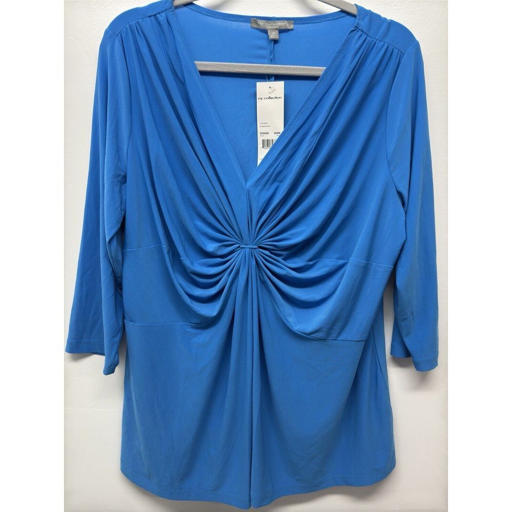 New NY Collection Women's Blue Twist Cross Front V Neck‎ Top Size 2X #35